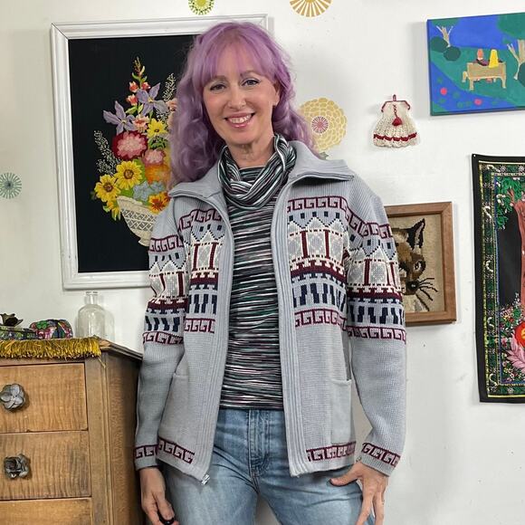 Vintage Grandpa Cardigan, 1970s Gray Zip Front Turtleneck Sweater Sz L - Picture 11 of 11